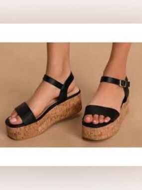 Lulus Grecia black cork wedge sandals